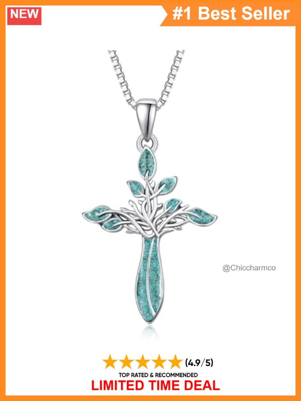 925 Sterling Silver Cross Necklace Turquoise Tree of Life Pendant 18"